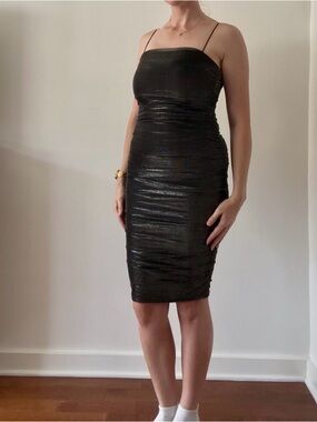 B Darlin Silver/Black Metallic Ruched Midi Slip Dress